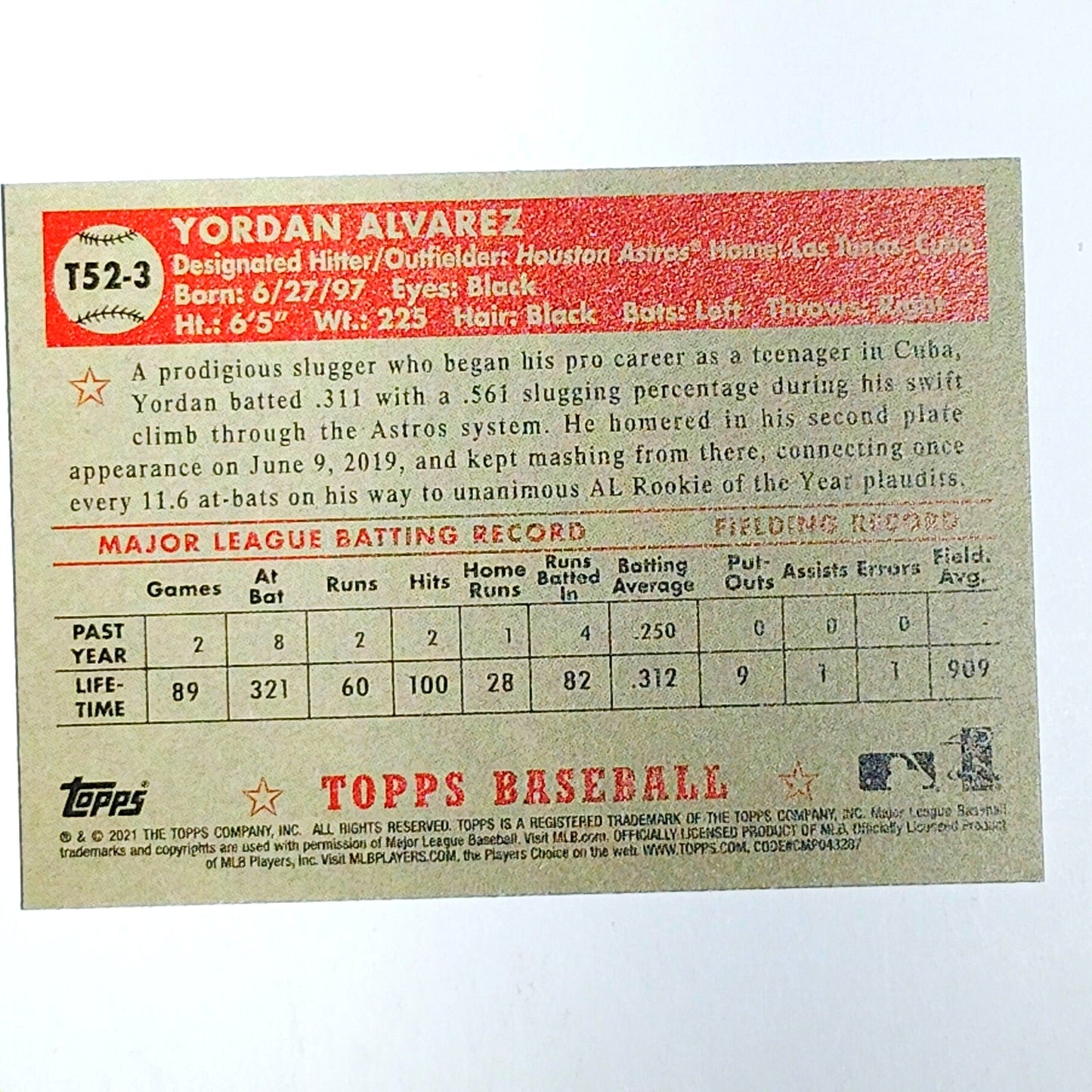 2021 Topps Series 1 #T52-3 Yordan Alvarez Houston Astros Designated Hitter VG/EX