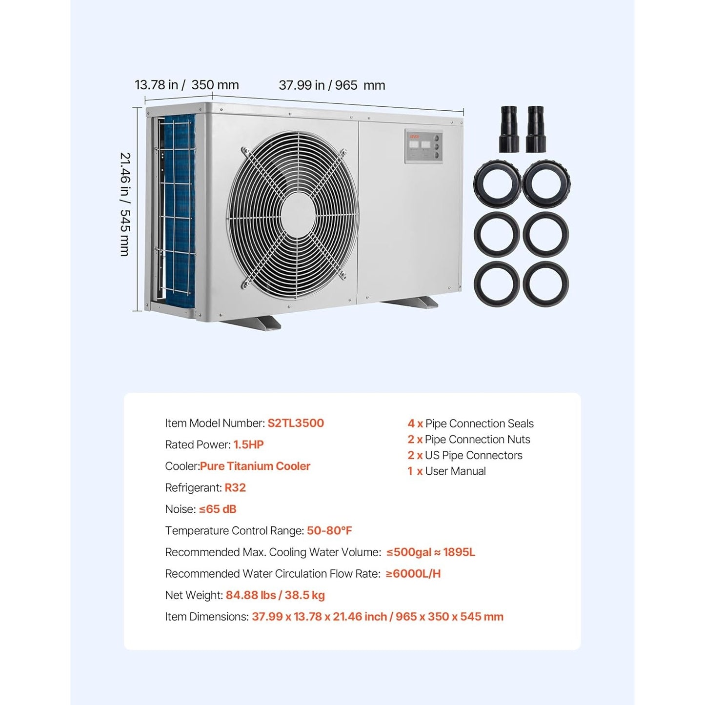VEVOR Aquarium Chiller – 1.5 HP – 500 Gal – Titanium Evaporator – Gray