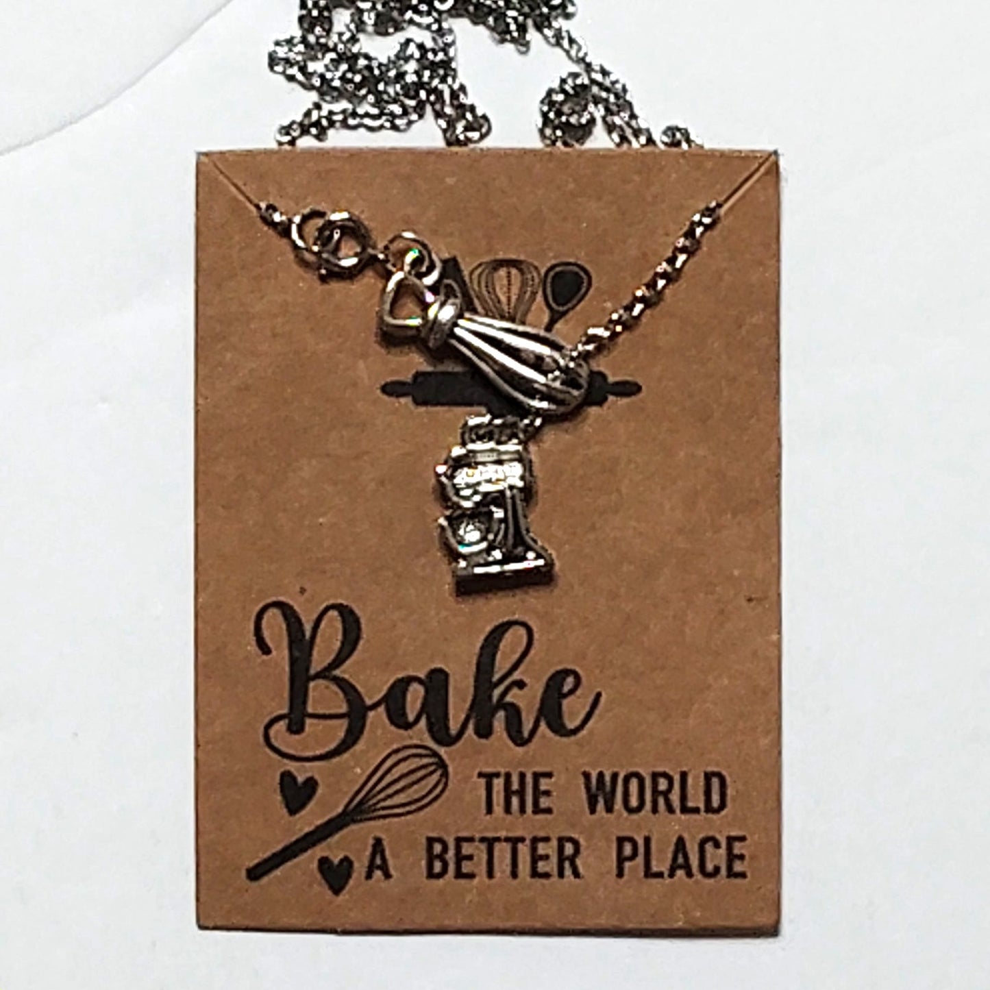 Baker Necklace Whisk & Mixer Charms “Bake The World A Better Place” Baker's Gift