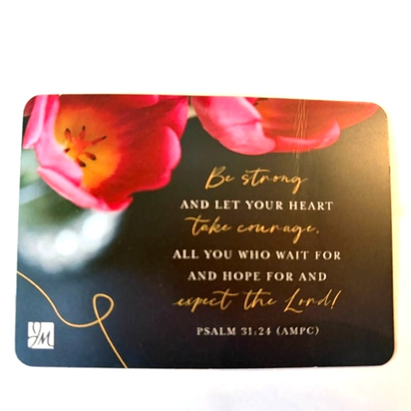 Christian Scripture Fridge Magnet Psalm 31:24 Pink Tulips JM Logo 3.5x2.5