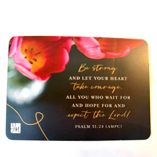 Christian Scripture Fridge Magnet Psalm 31:24 Pink Tulips JM Logo 3.5x2.5