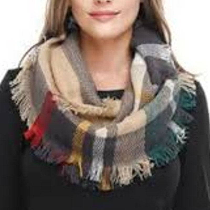 Lucky Leaf Infinity Scarf Beige Black Red Plaid Acrylic 36 × 20 Fall/Winter Wear