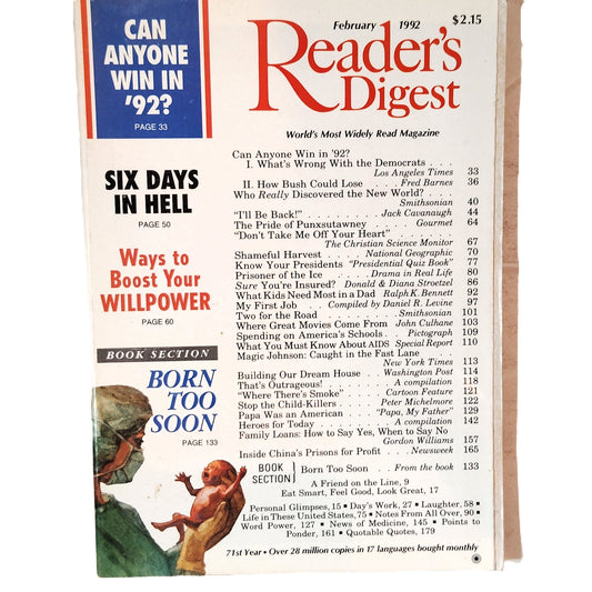 Reader's Digest February 1992 VTG Magazine Issue, Aids Epidemic, 92' Election