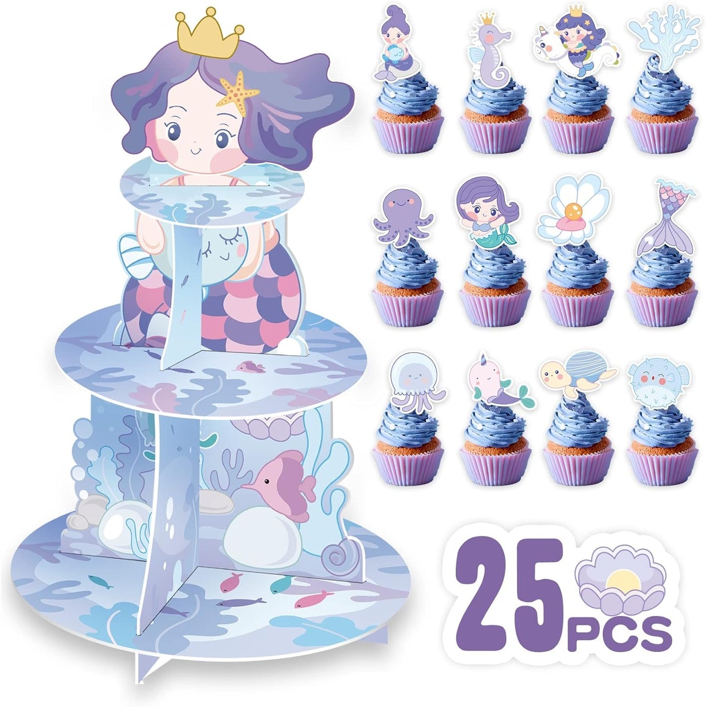 Mermaid 3-Tier Cupcake Stand with 24 Toppers – for Birthday or Baby Shower