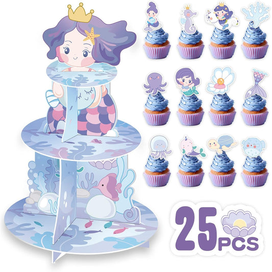 Mermaid 3-Tier Cupcake Stand with 24 Toppers – for Birthday or Baby Shower