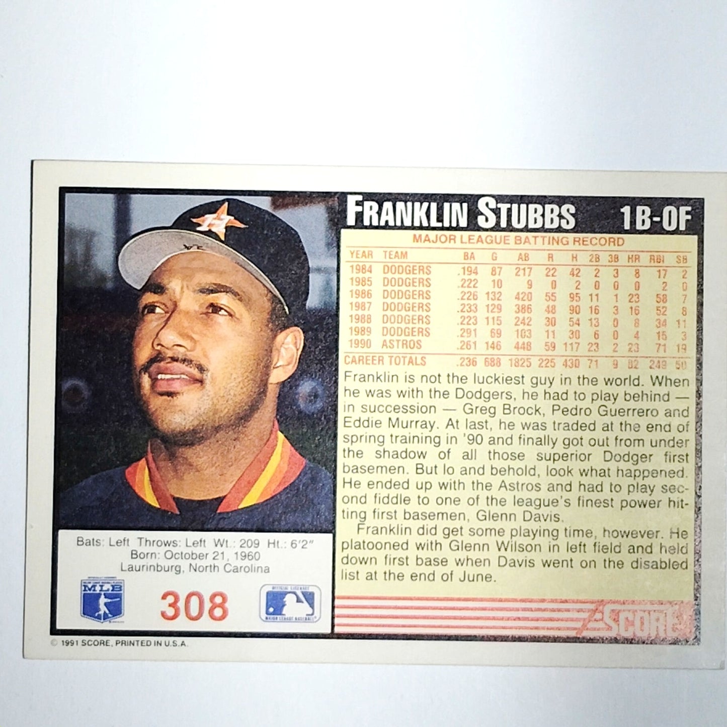 1991 Score Franklin Stubbs Card #308 Houston Astros 1B VG/EX
