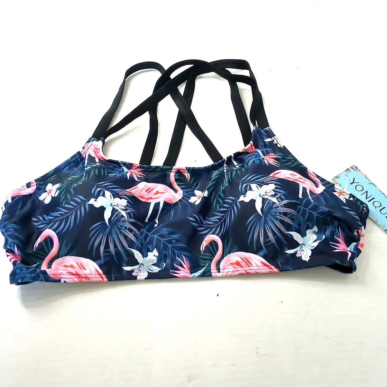 Yonique Black Flamingo Sports Bra Swim Top Crossback Scoop Neck L Padded
