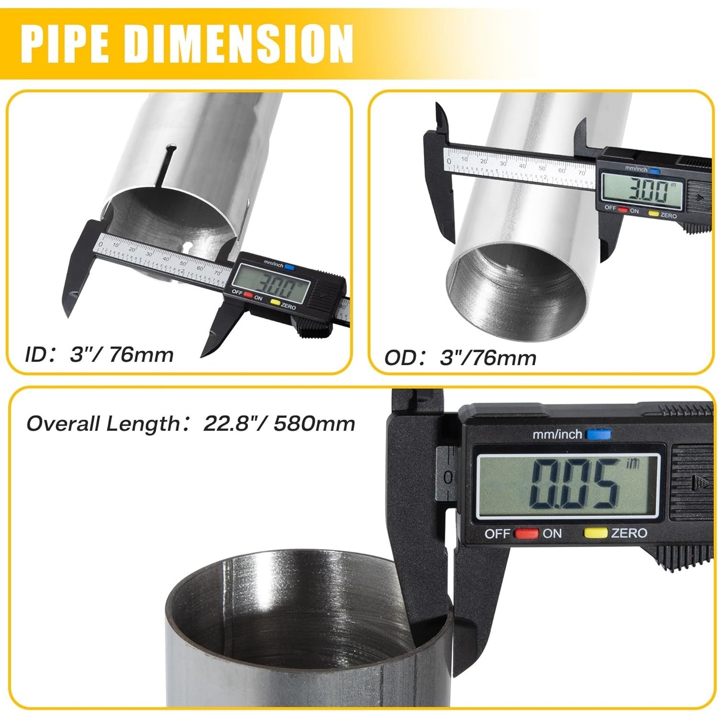 3" Straight Mandrel Exhaust Pipe, 304 Stainless, 22.8"L, 2 Pk, Universal Fit