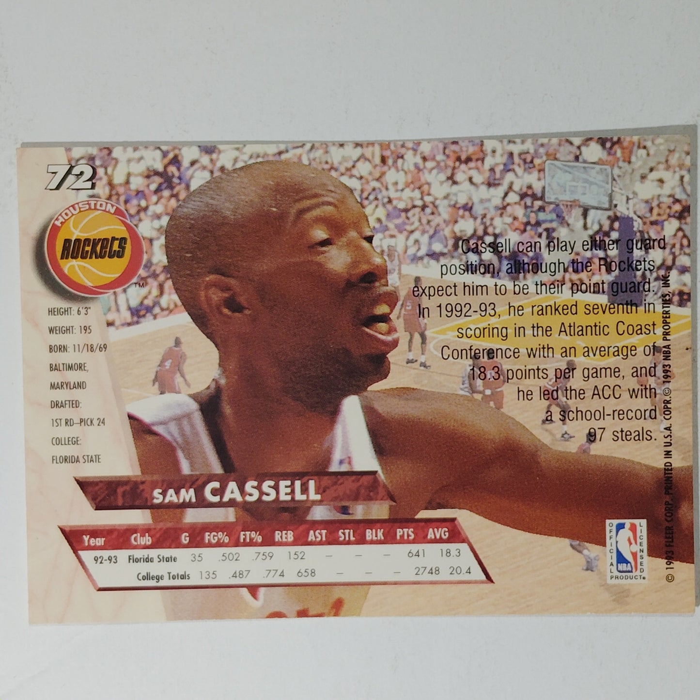 1993-94 Ultra Sam Cassell Card No. 72 – Draft Pick – Rockets – VG/EX