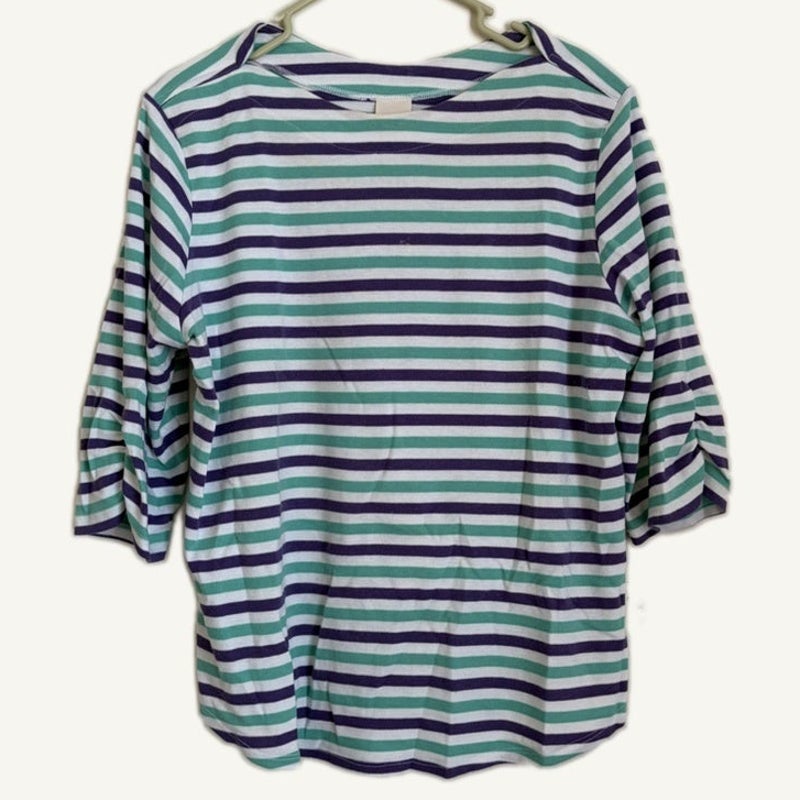 Blair Women's Striped 3/4 Sleeve Lightweight Top Size L White Green Purple