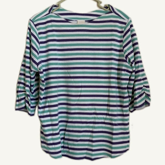 Blair Women's Striped 3/4 Sleeve Lightweight Top Size L White Green Purple