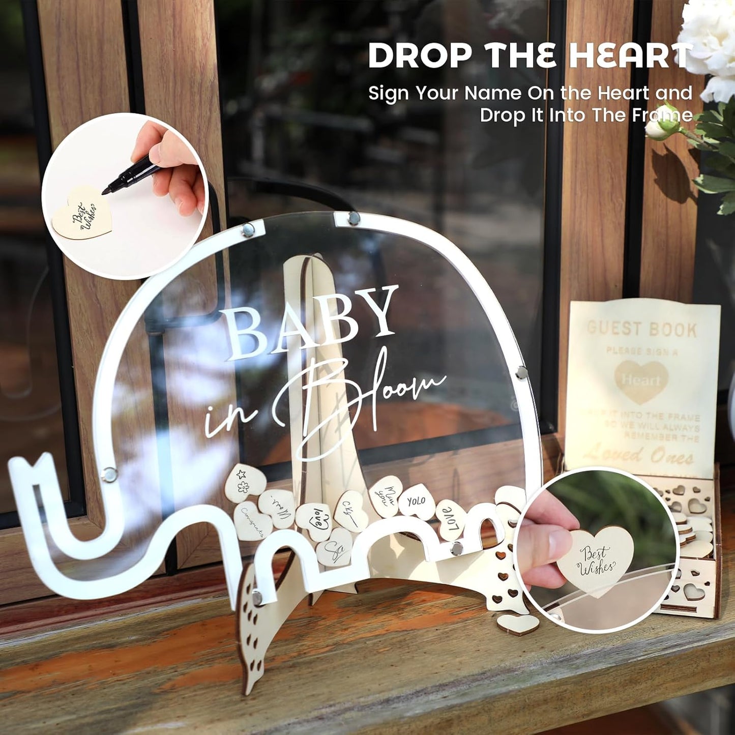 Elephant Guest Book Alternative – Baby Shower Sign‑In Frame w/ 80 Guest Hearts