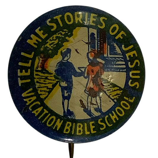 c1930/40s Vacation Bible School, Tell Me Stories of Jesus Lapel Pin, 3/4"D