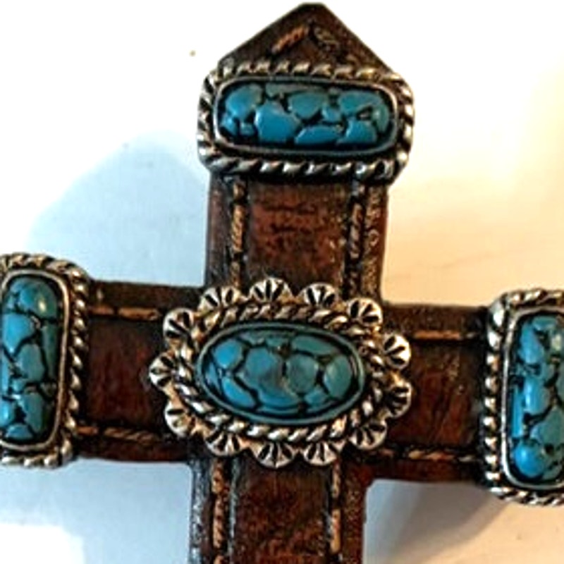 Turquoise Cross Hard Resin Note Holder Magnet Faux Leather & Stones 3.75x2.75