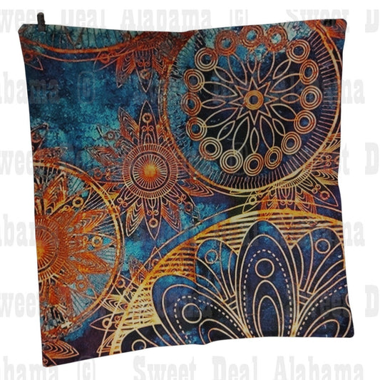 Bohemian Ethnic Throw Pillow Cover – Cotton Linen, Retro Floral Mandala, 22"x22"