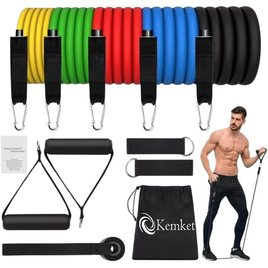 Resistance Bands Set - 5 Tube Set with Handles, Door Anchor, Ankle Straps, Carry Bag - 11 Pcs Total