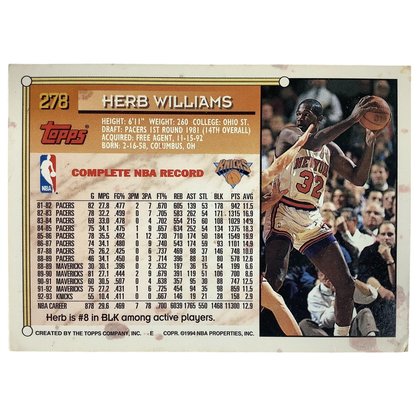 Herb Williams, New York Knicks, 1993 Topps Collector's Card 278, EXC