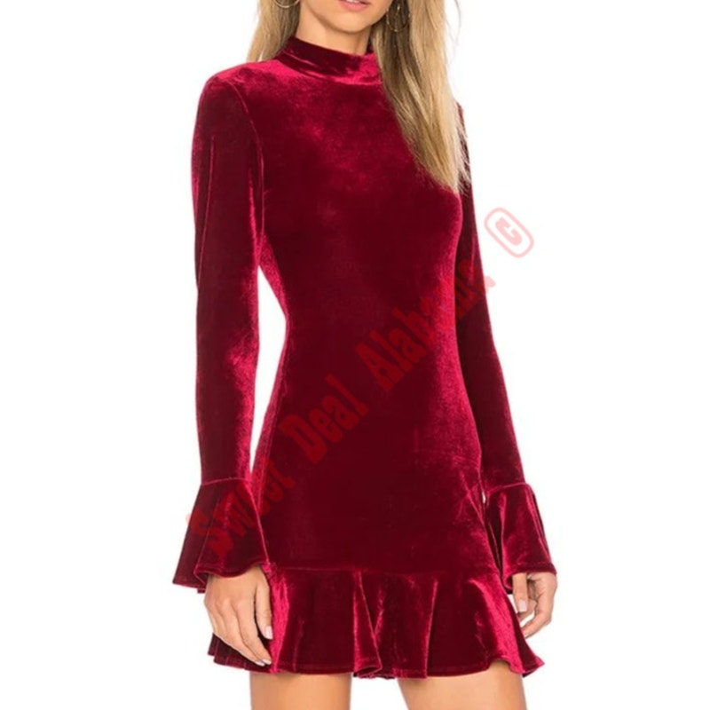 R.Vivimos  Women's Long Sleeve Velvet Ruffled Bodycon Mini Dress, Wine Red, M