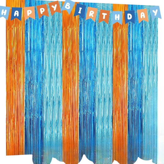 2Pk Orange/Blue Streamers & Banner – Dog Man Birthday Foil Backdrop Set