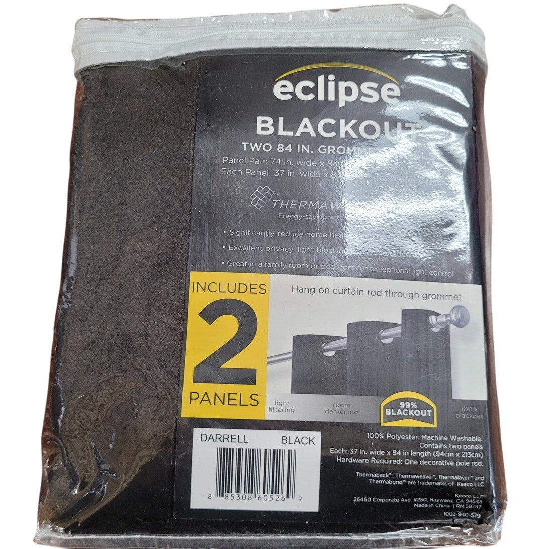 Darrell ThermaWeave Black Solid 37" X 84"L Blackout Pair Grommet Curtain Panels