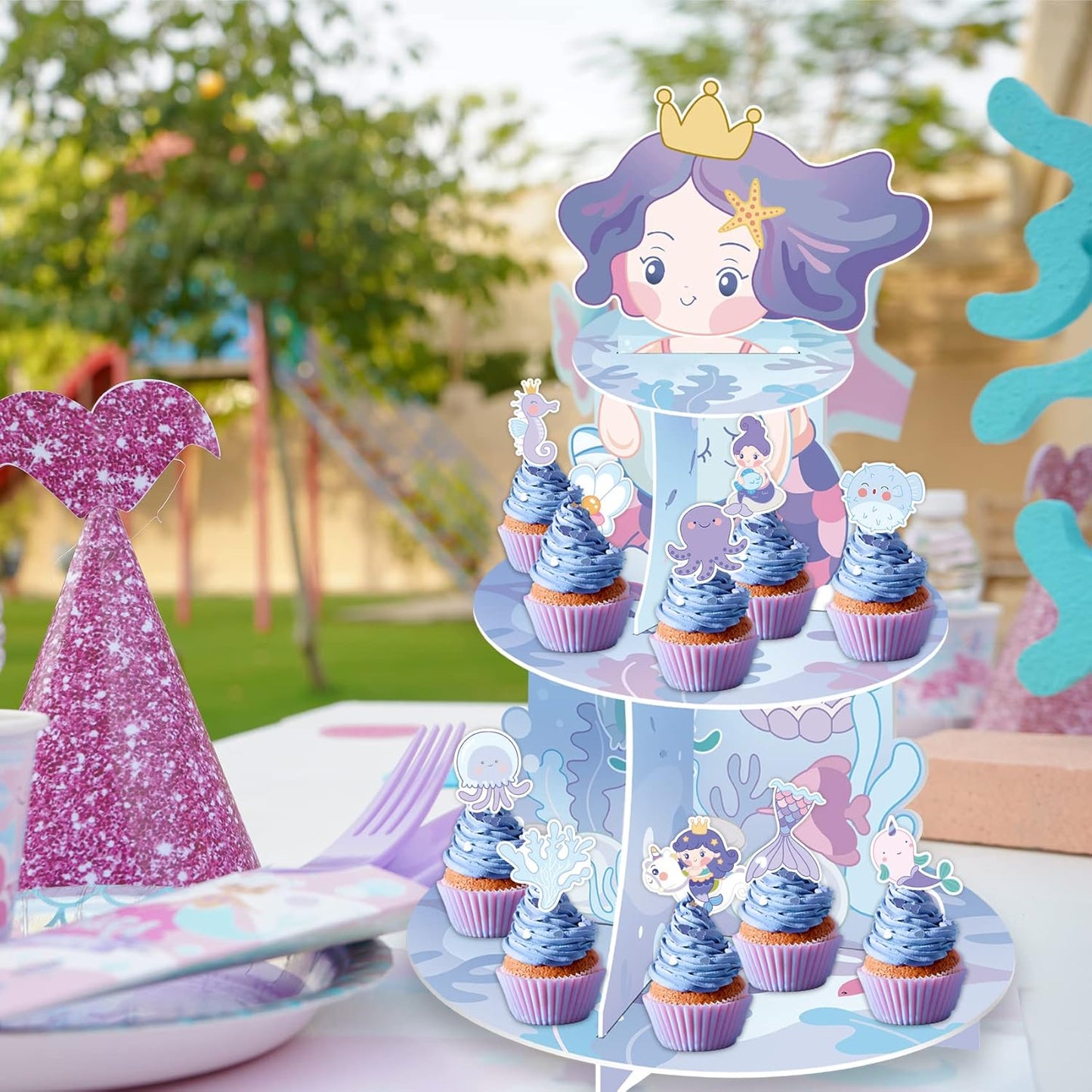 Mermaid 3-Tier Cupcake Stand with 24 Toppers – for Birthday or Baby Shower
