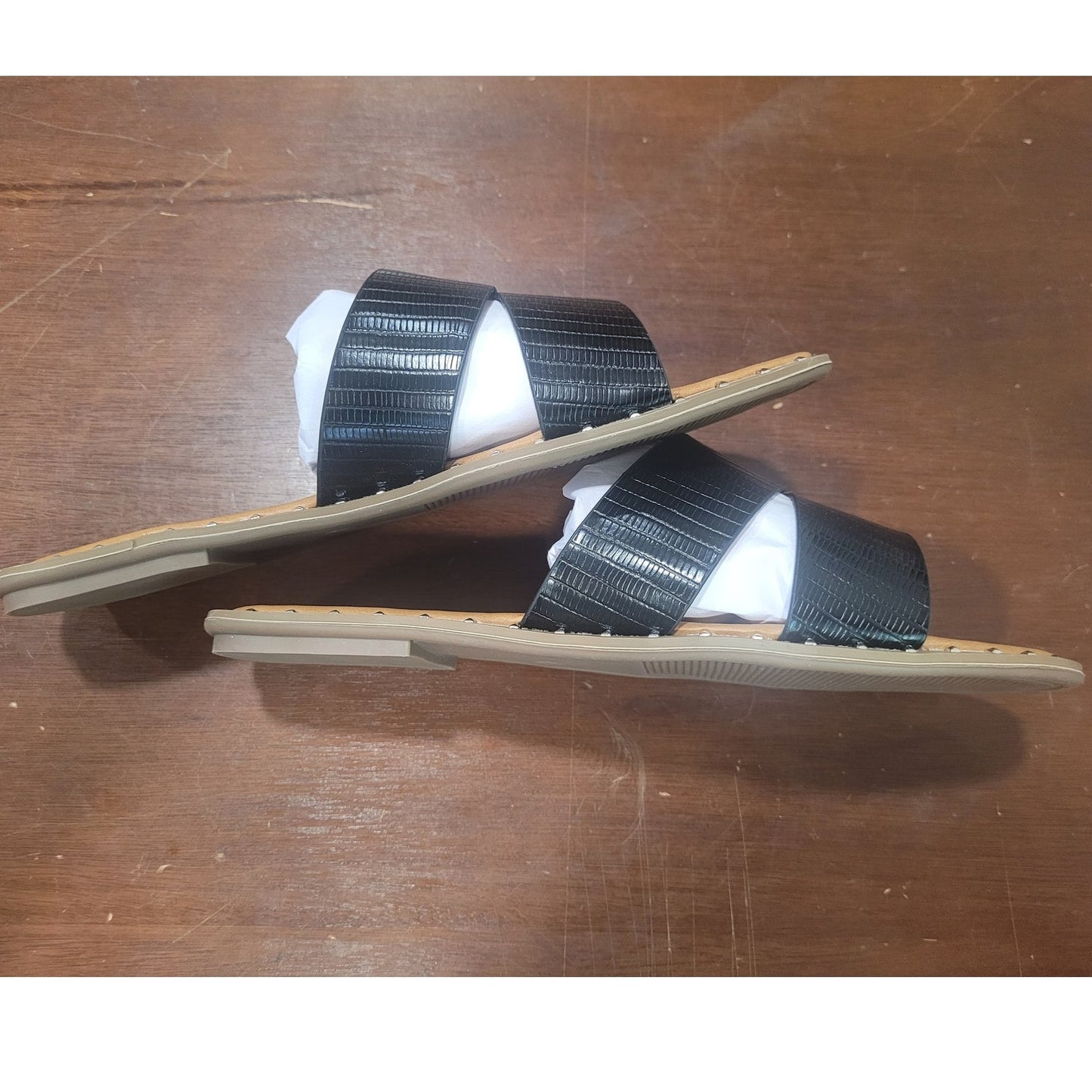 Evans Riley Emboss Sandal – Black, Women’s 8W, Double Strap Slip-On, Wide Fit