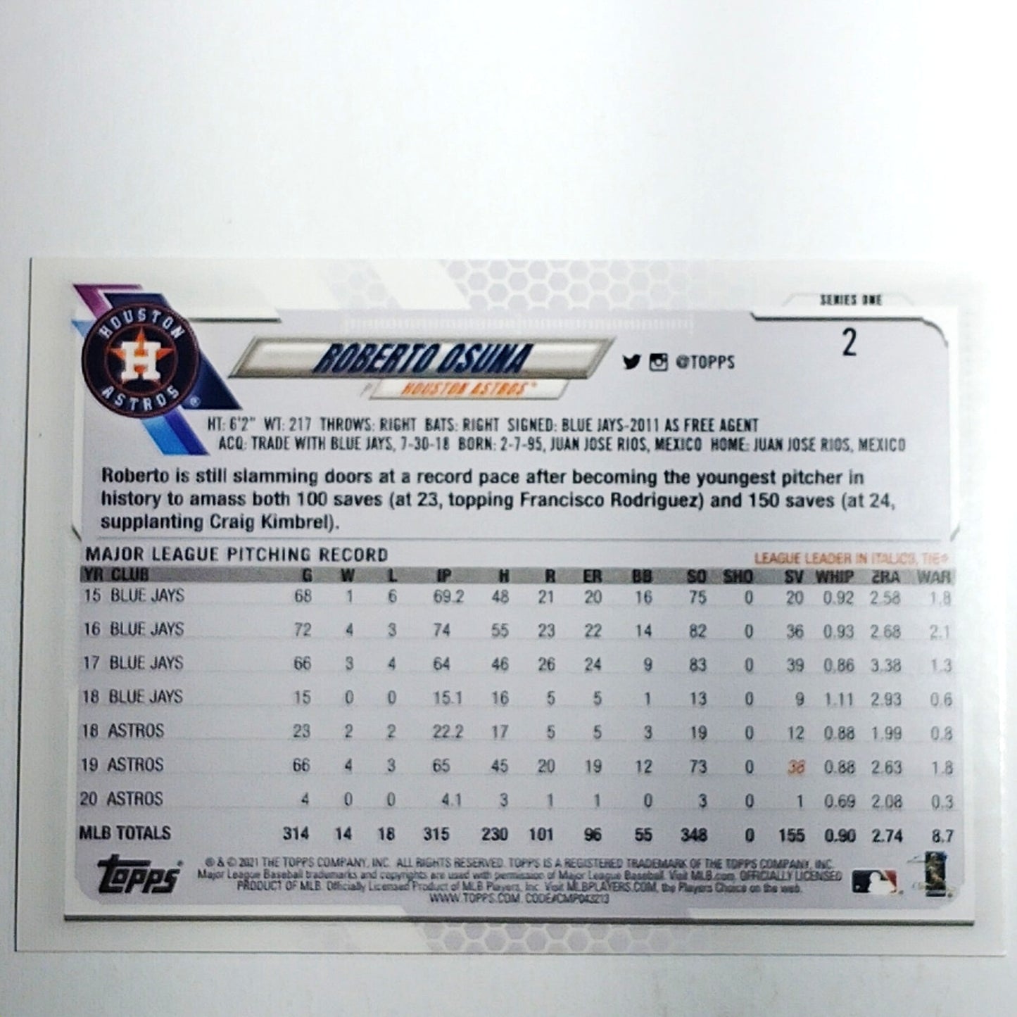 2021 Topps Series 1 Roberto Osuna Houston Astros Pitcher Card #2 VG/EX