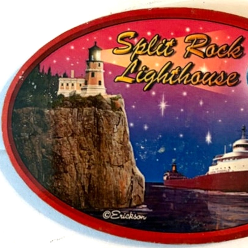 Split Rock Lighthouse Oval Pressed Wood Magnet Freighter Moonlit Scene 3.125x2.125