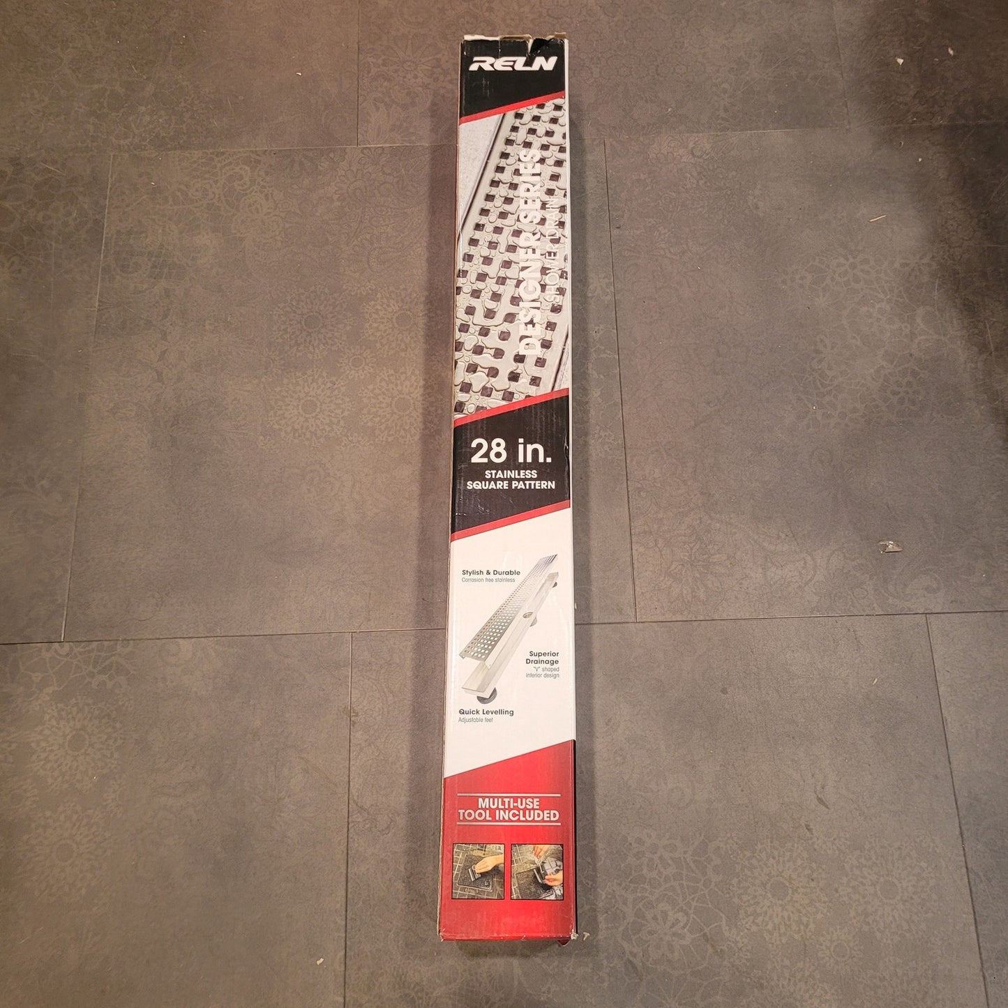 28 in. Stainless Steel Linear Shower Drain with Square Pattern Drain Cover