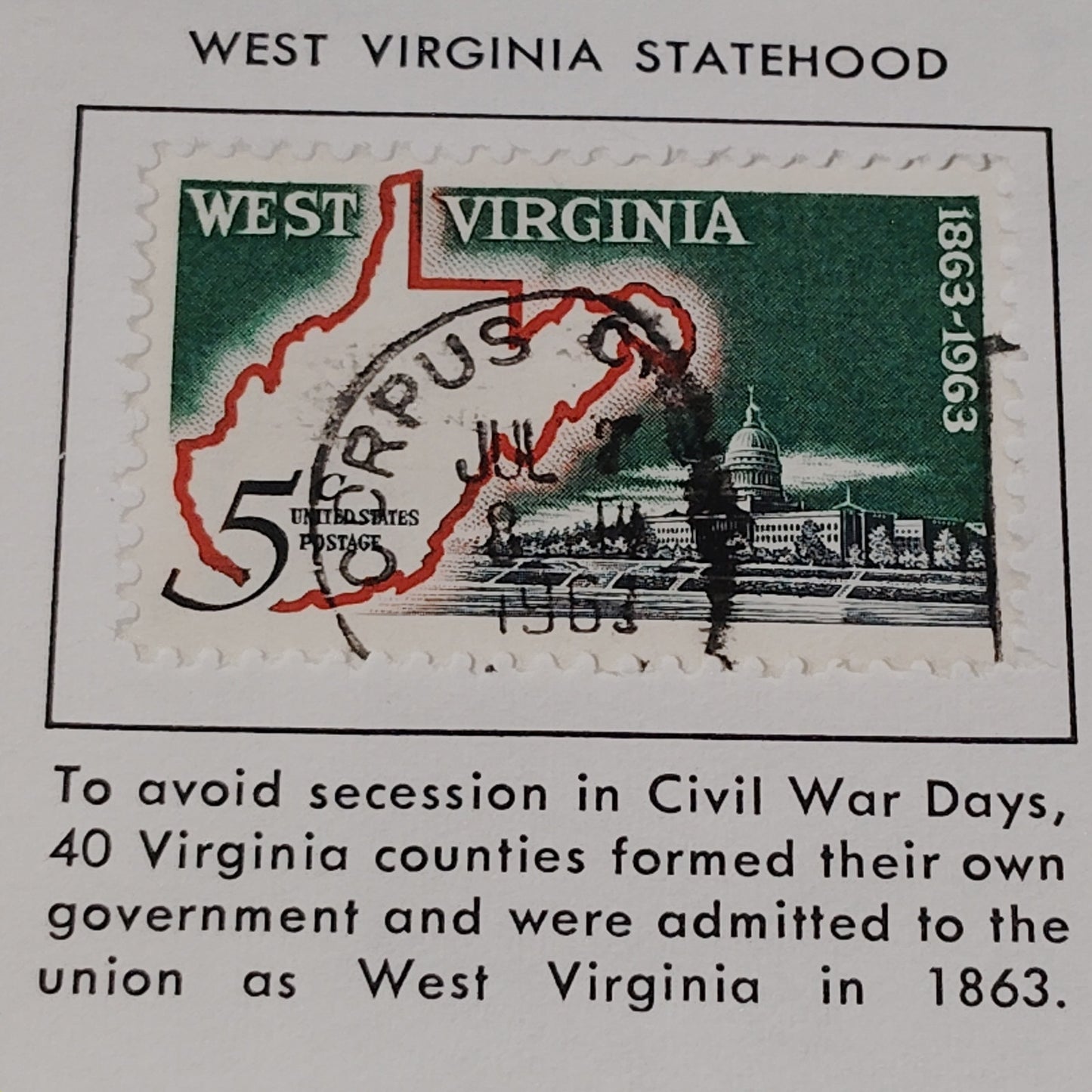 1963 Scott #1232 5¢ West Virginia Statehood Centennial / Capitol & Map, Canceled