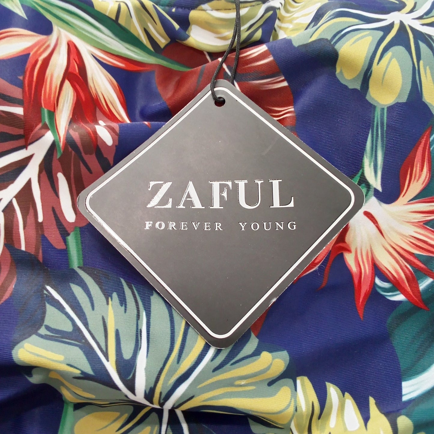 Zaful Navy Tropical Leaf Bikini Top Crisscross Strappy Back Scoop Neck, L (US 8)