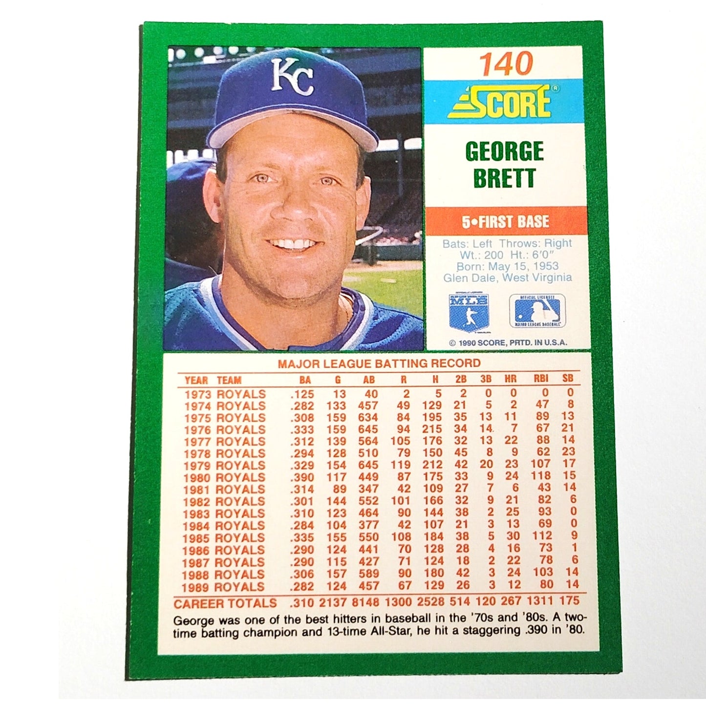 1990 Score George Brett Card No. 140 Kansas City Royals 3B EX