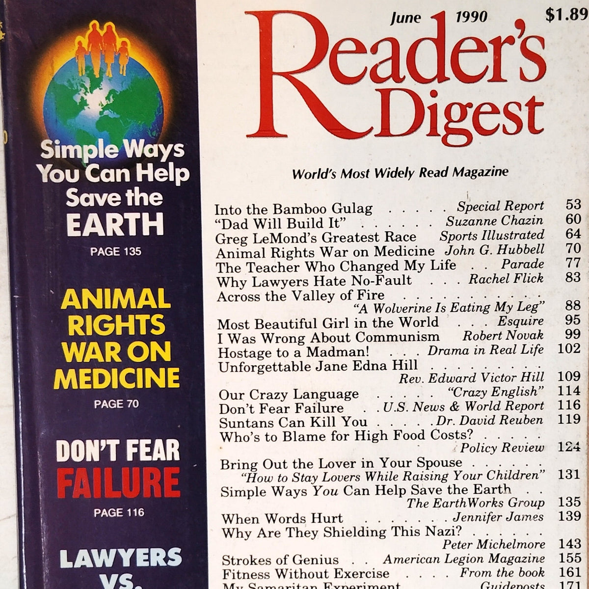 Reader's Digest June 1990 Greg LeMond Cycling Vintage Magazine Back Issue