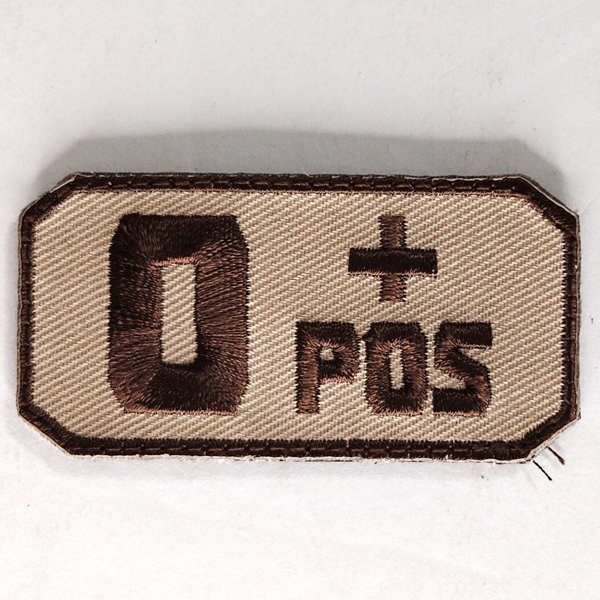 Large O+ POS Blood Type Patch Embroidered Brown on Tan 2‑1/2" × 1‑1/8" Hook Back