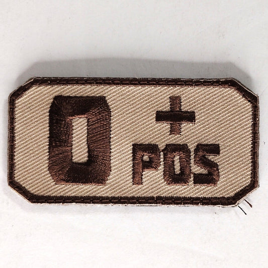 Large O+ POS Blood Type Patch Embroidered Brown on Tan 2‑1/2" × 1‑1/8" Hook Back