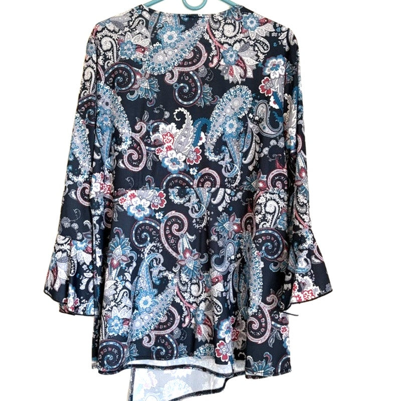 Blair Women's Navy Paisley V-Neck Bell Sleeve Top Size L Asymmetrical Hem
