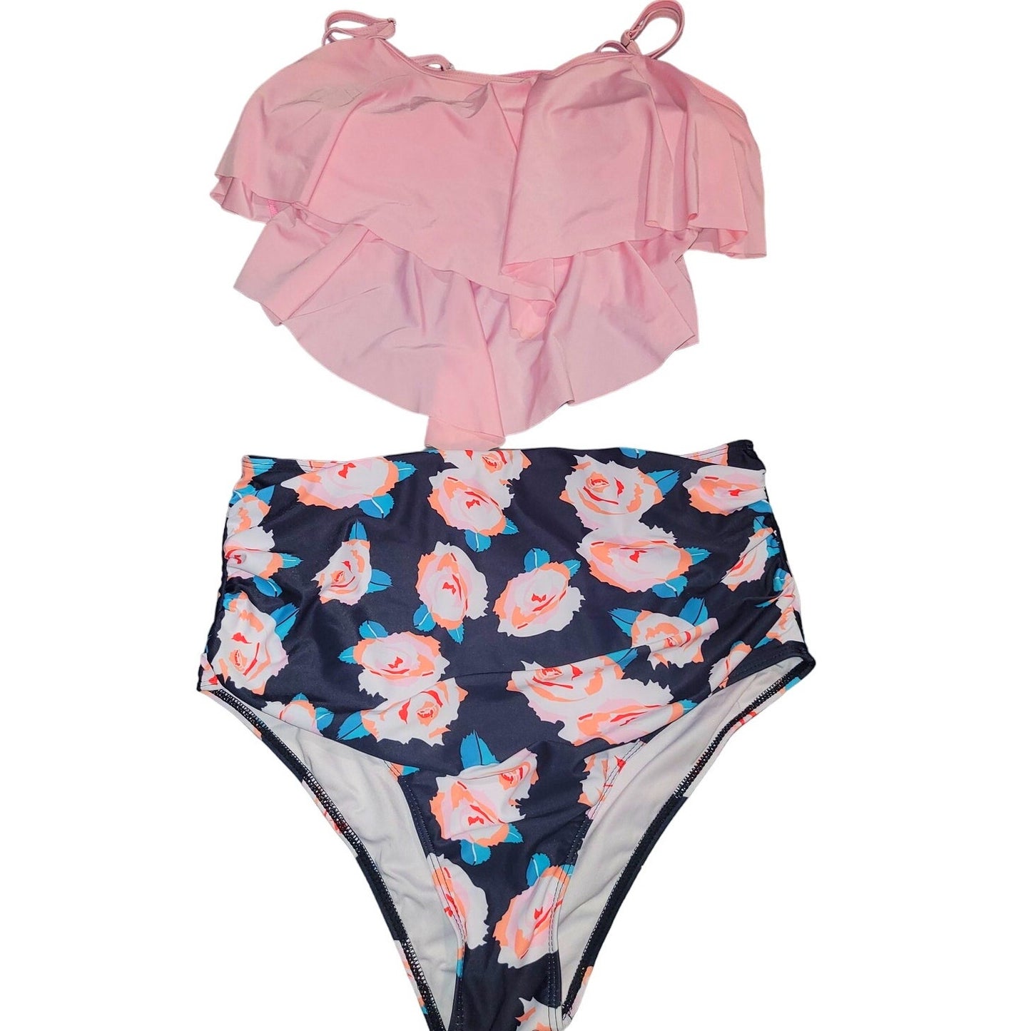 Tankini High Waisted Tummy Control Ruffled Top, Two Piece, Pink-Rose Print 12-14