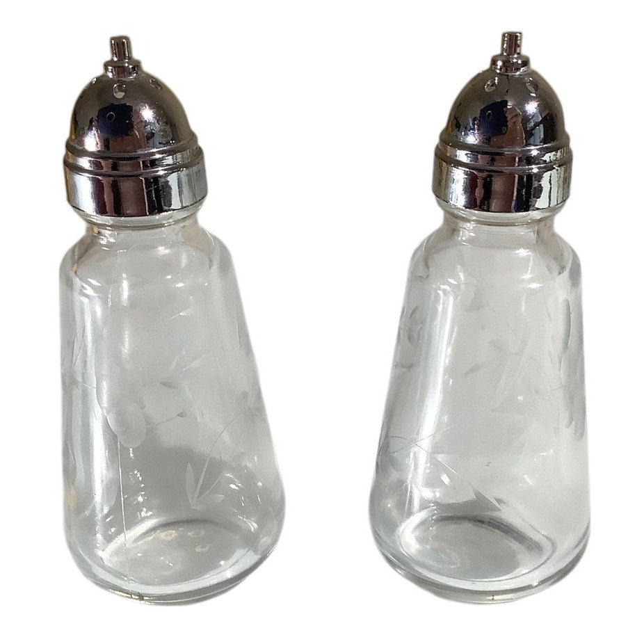 Vintage Crystal Salt and Pepper Shakers, Etched Floral and Vine Design