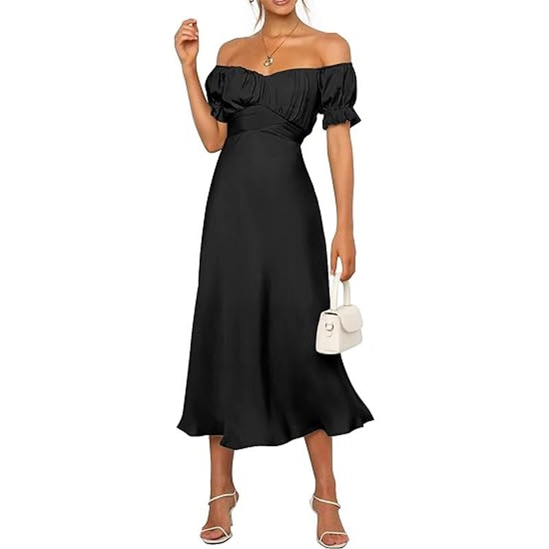 KIRUNDO 2024 Satin Midi Dress Off Shoulder Wrap Ruched, Slim Fit, XL (16)