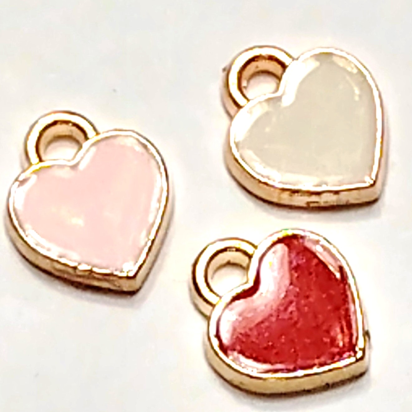Heart Charms 3‑Pack Gold‑Tone Enamel Pink Red White 1/4" Jewelry Making