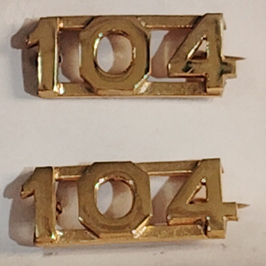 Early/Mid 1900s Brass C-Clasp "104" Collar Devices 3/8"H Hat / Lapel Pins Set