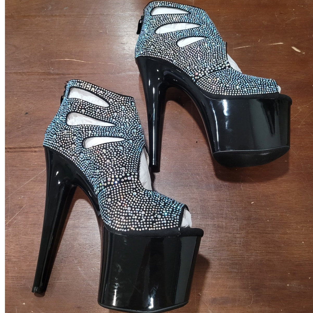 Ellie Shoes Black Ankle Boots w/ Rhinestones 709-WENDY Size 8, Platform Stiletto