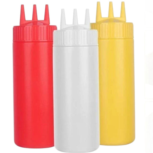 3pcs Seasoning 3-Hole Squirt Squeeze Bottles, 24 oz Red/Yellow/White 9"H x 2.5"D