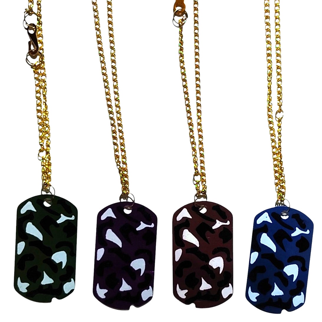 4 Camo Dog Tags Pink (1) Blue (1) Green (1) & Purple (1) w/ 24" Gold Tone Chains