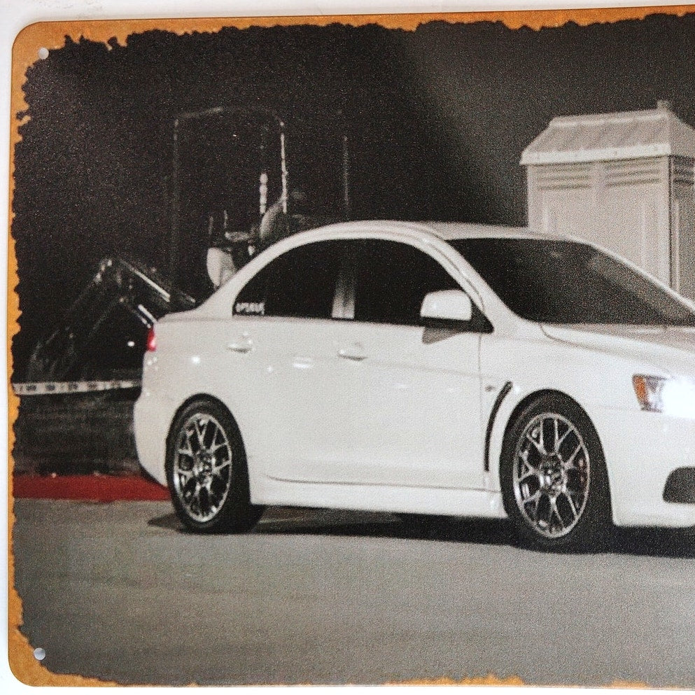 Mitsubishi Evo X MR Tin Sign 12×8 White Car Night Scene Metal Wall Art Decor