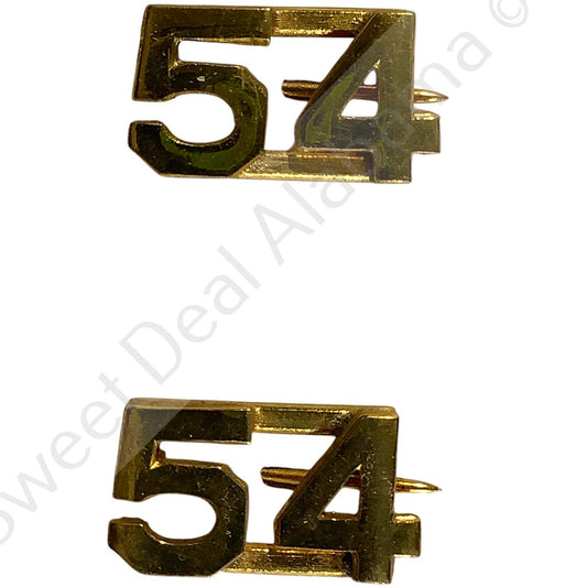 c.1910s Numeric "54", Brass Military C-Clasp Hat / Lapel / Collar Pins Set 3/8"H