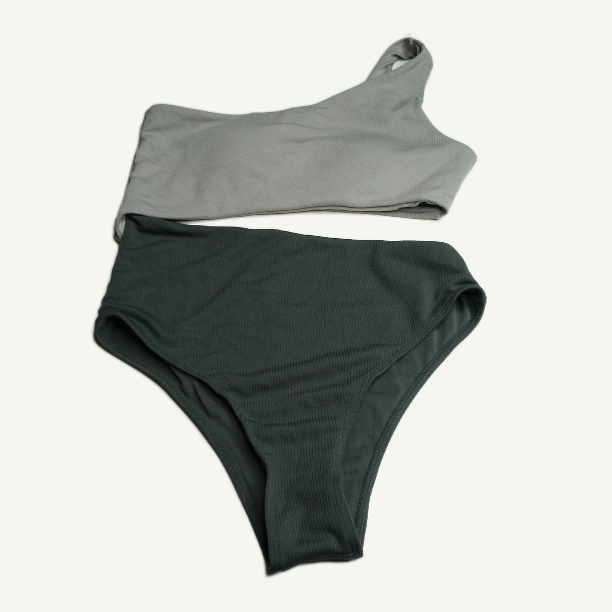 L Ribbed Two-Tone One-Shoulder High-Cut One Piece Swimsuit Grey/Dark Grey
