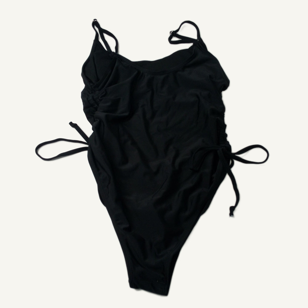 Black One-Piece Swimsuit Side Tie Ruched Spaghetti Strap Women's Size L