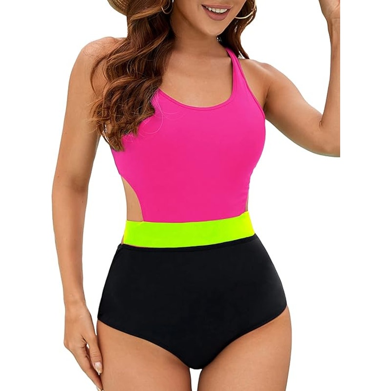 MOLYBELL One Piece High Waisted Crisscross Back Monokini Cutout, Neon, L