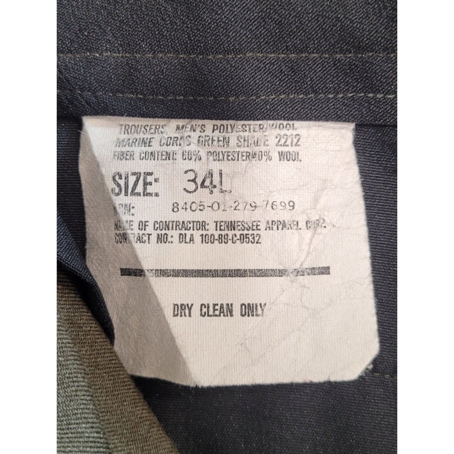Vintage 1989 USMC Poly/Wool Blend Service Trousers, 34L, Green Shade 2212